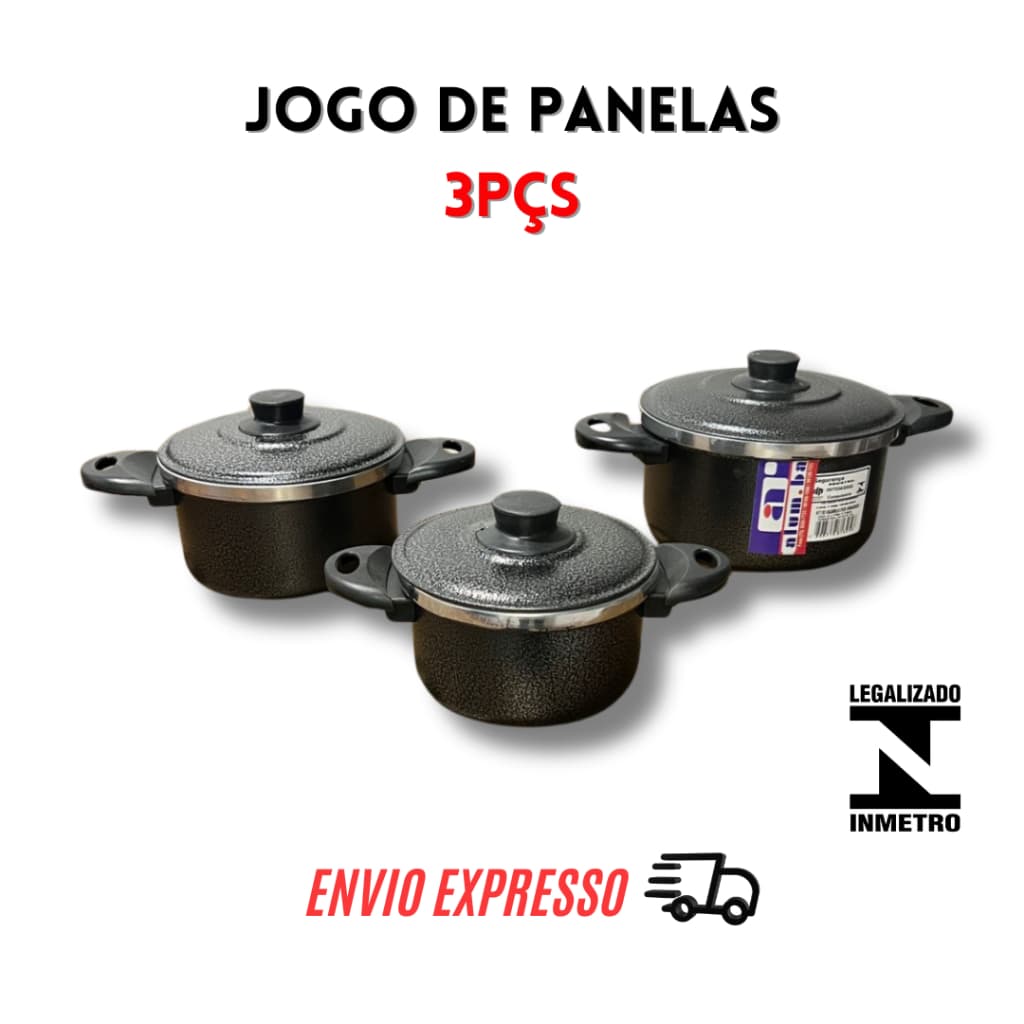 Jogo de Panelas Alumínio 3 Peças 18 16 14 Reforçadas Jateado e Polido Alta Qualidade