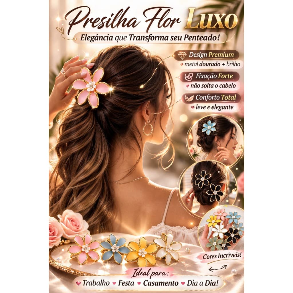 Presilha Piranha de Cabelo Flor Luxo Premium – Grampo Feminino Elegante com Dourado
