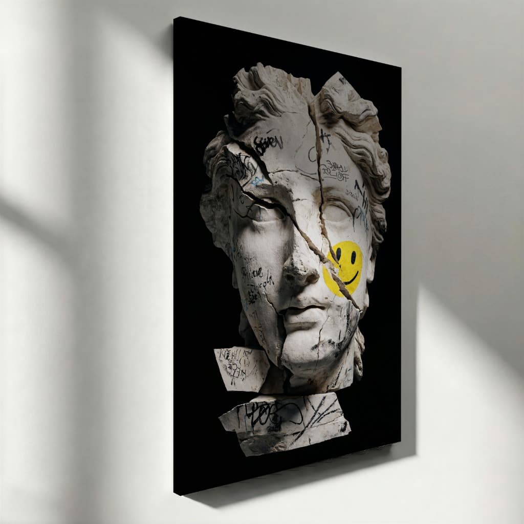 Quadro Decorativo Escultura Clássica Quebrada Arte Moderna Grafite Fundo Preto Tela Vertical Luxo