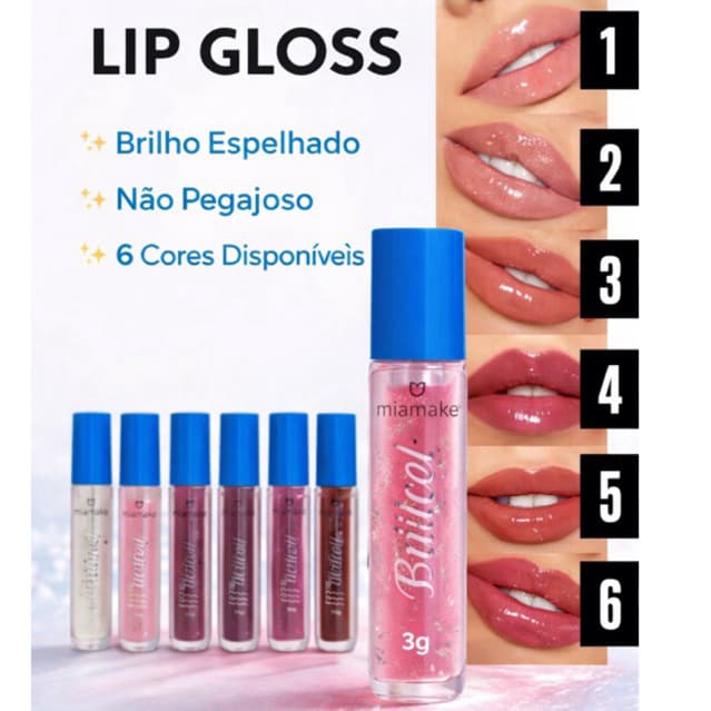 Lip Gloss Mia Make 3g – Gloss Labial Brilho Espelhado Não Pegajoso 6 Cores