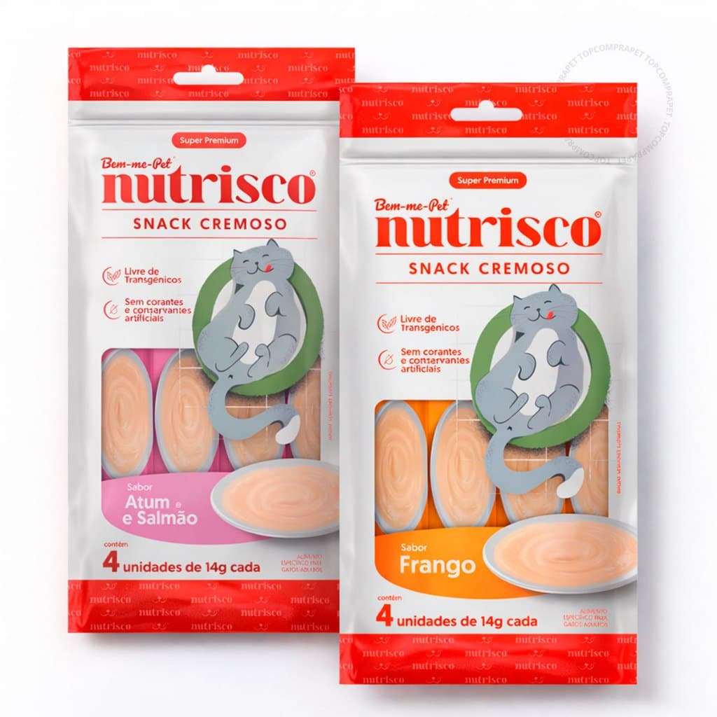 Snack Cremoso Nutrisco 1 ou 4 Petisco Gatos Frango Atum Salmão Camarão Bacalhau Sem Corantes 14g