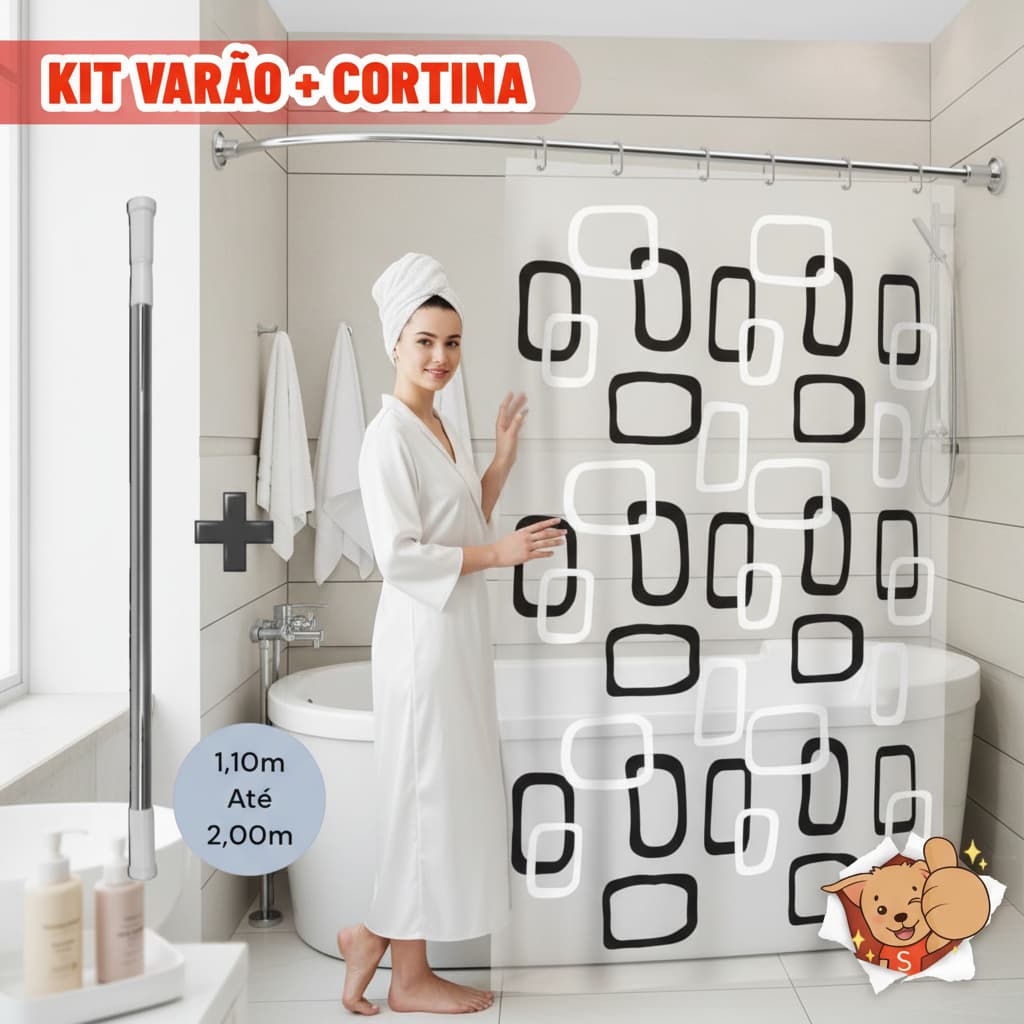 Kit Varão para Cortina de Banheiro Ibiza c/ Ganchos Suporte Box 2m Bastão 1,10m até 2,00m