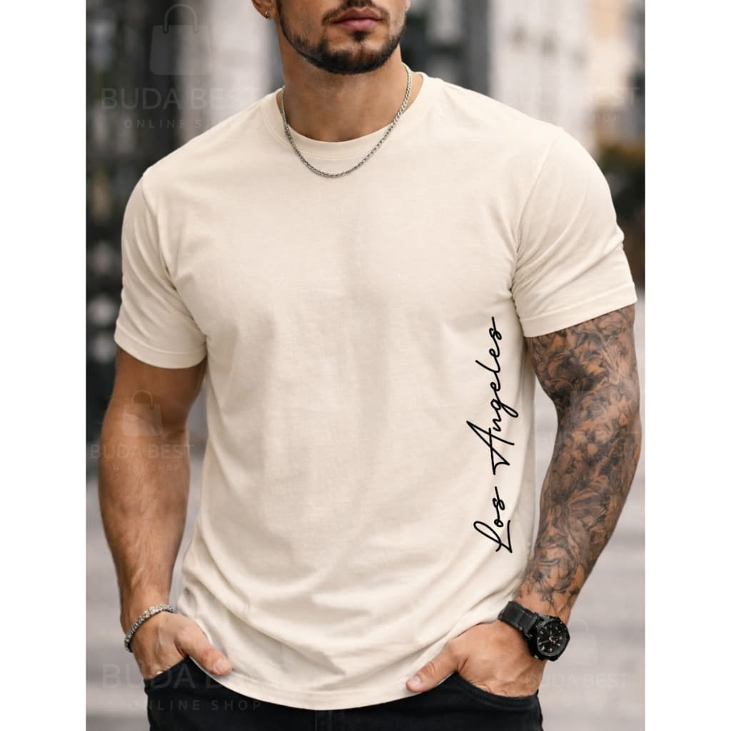 Camiseta Masculina Los Angeles Premium Bege Minimalista Algodão Confortável Top