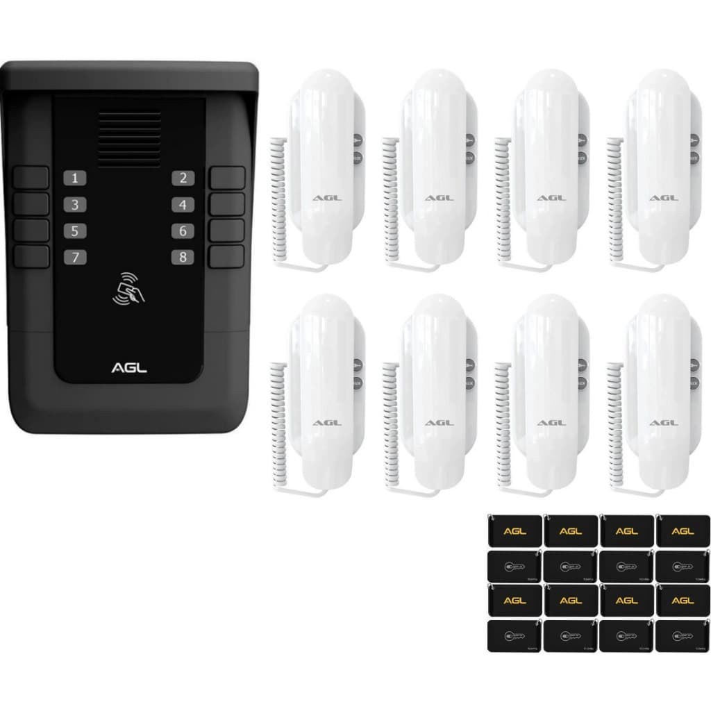 KIT PORTEIRO COLETIVO AGL S500 8 PONTOS BLUETOOTH + 8 MONOFONES + 16 TAG -  (KIT INTERFONE)