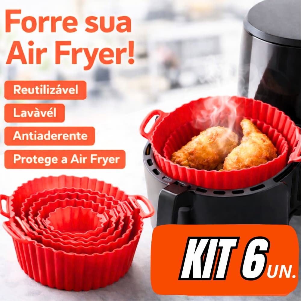 Kit 6 Formas Silicone Air Fryer Antiaderente Reutilizável Não Gruda Resistente ao Calor Fácil Limpar Diversos Tamanhos