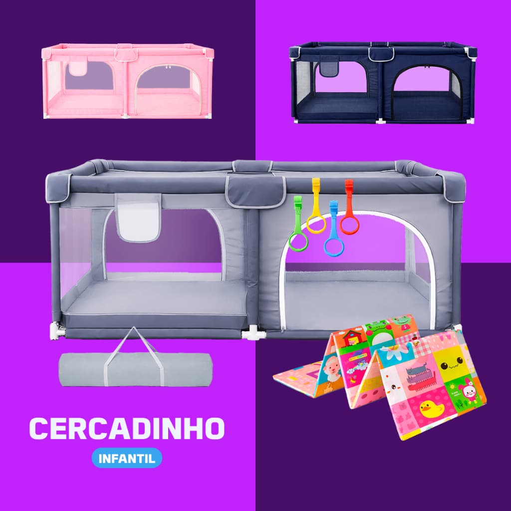 Cercadinho Bebê + Tapete + Bolsa + Argola Grande Chiqueirinho Infantil 180x150 Portátil Dobrável