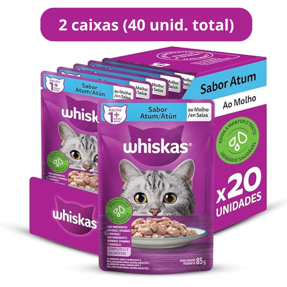 Kit Ração Úmida Atum ao Molho para Gatos Adultos 40 Unidades Whiskas Sachê