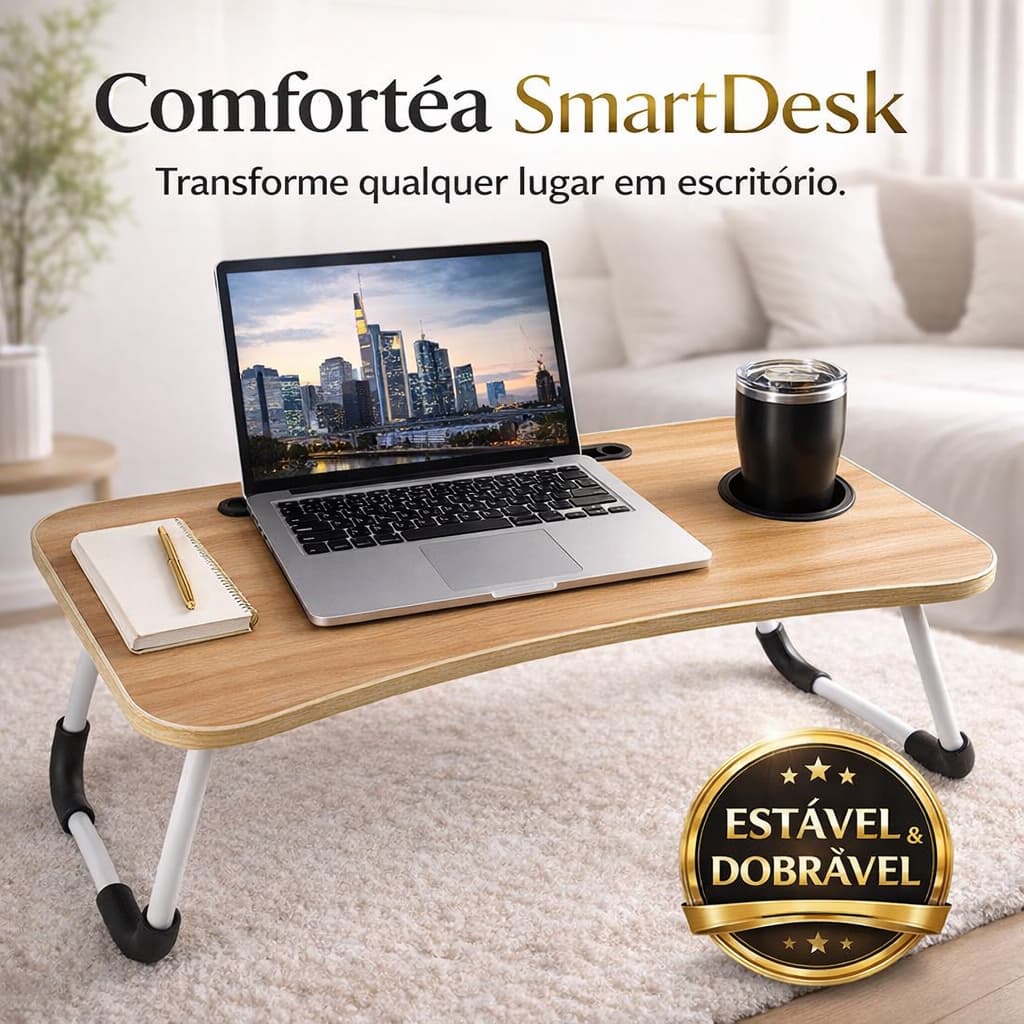 Mesa para Notebook Dobrável Portátil para Cama e Sofá com Suporte para Copo – Comfortéa SmartDesk