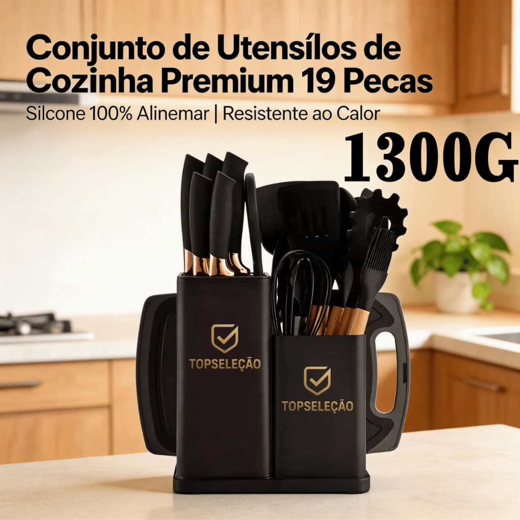 Kit 19 Peças Utensílios Cozinha Silicone + Facas + Suporte 1300g Cabeças Antiaderentes 230°C