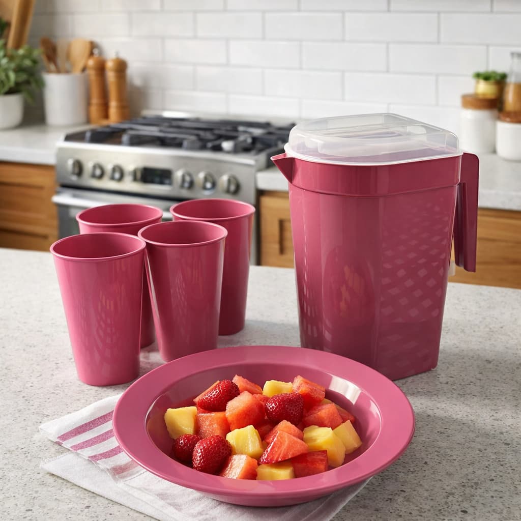 Kit Jarra 1,8L + 4 Copos Coloridos de 350ml + 4 Pratos Fundos Plástico Resistente Cozinha Bpa Free