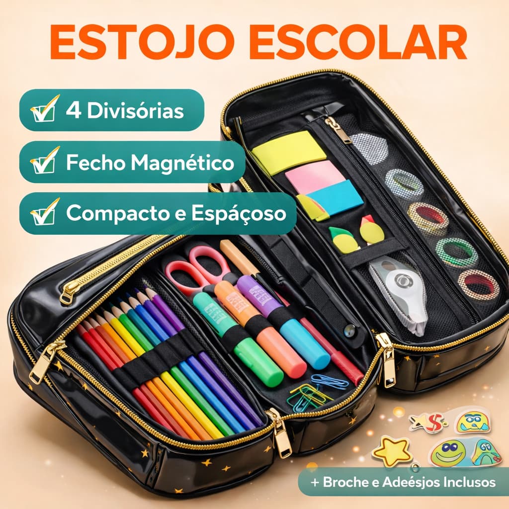 Estojo Escolar 4 Divisórias com Fecho Magnético Organizador Compacto para Lápis e Canetas
