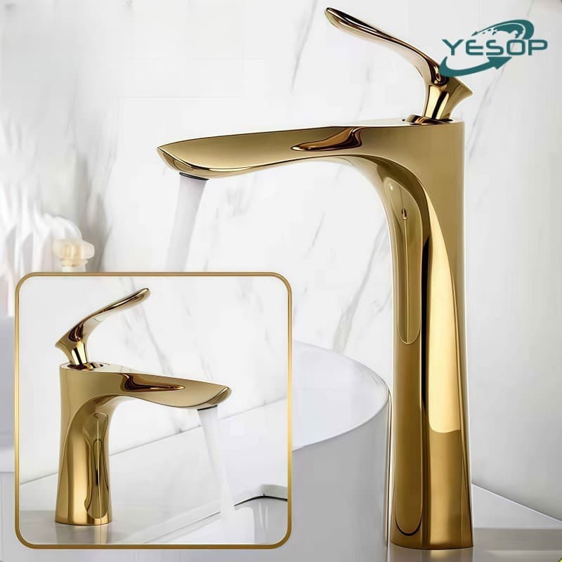 YESOP Torneira Para Banheiro Monocomando Cascata Dourada Ouro Luxo Inox 304 Misturador Quente Frio
