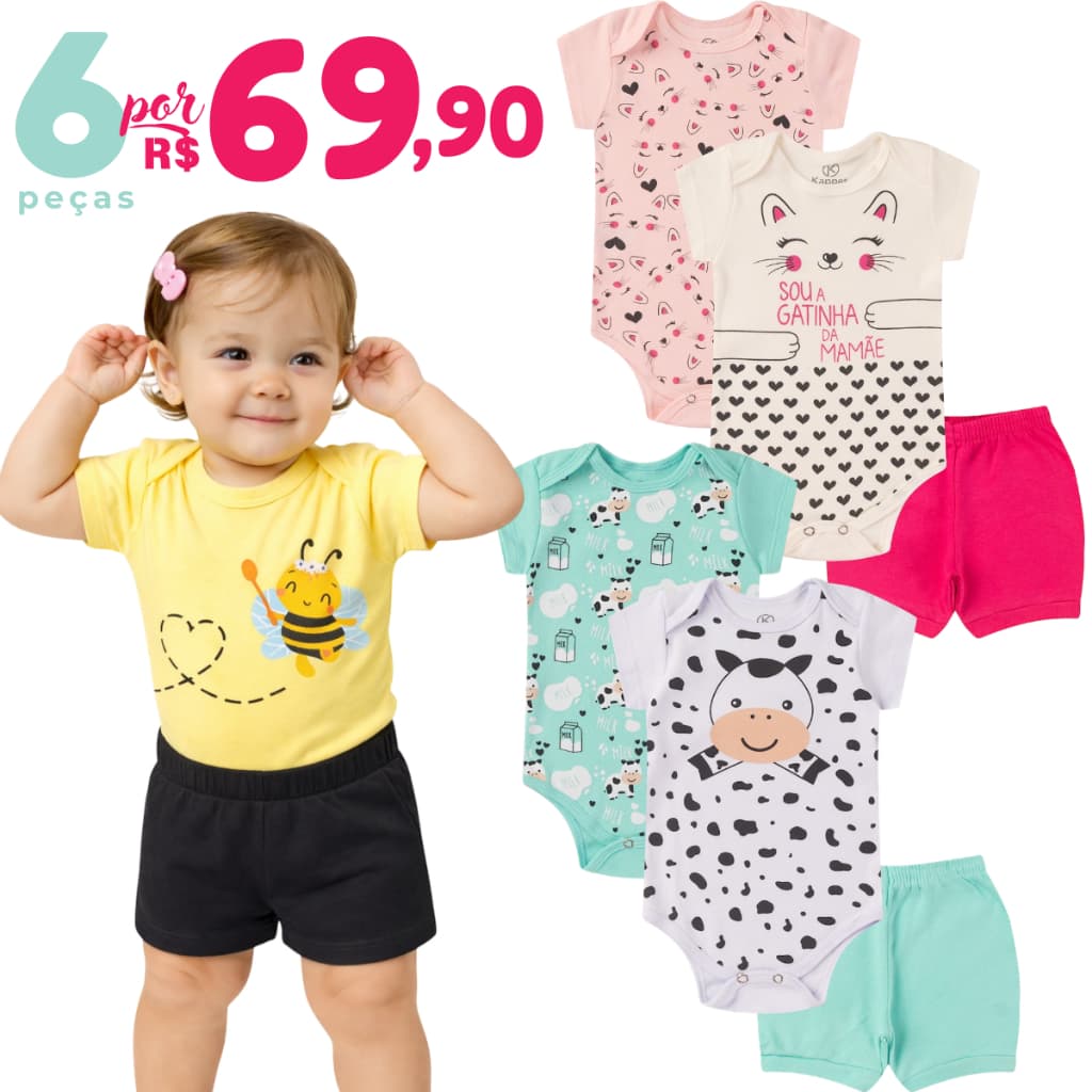 Kit 6 Peças de Roupas para Bebê Menina