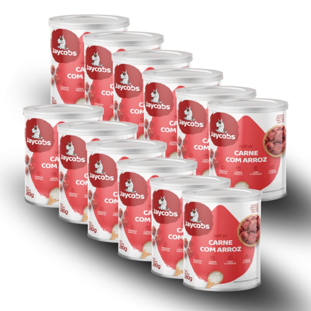 Kit 12 Ração Lata Patê Carne frango peixe cordeiro 280g Jaycobs alimento úmido natural