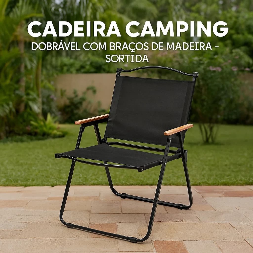 Cadeira Camping Dobrável Braços Madeira Sortida Conforto Outdoor Jardim Viagem