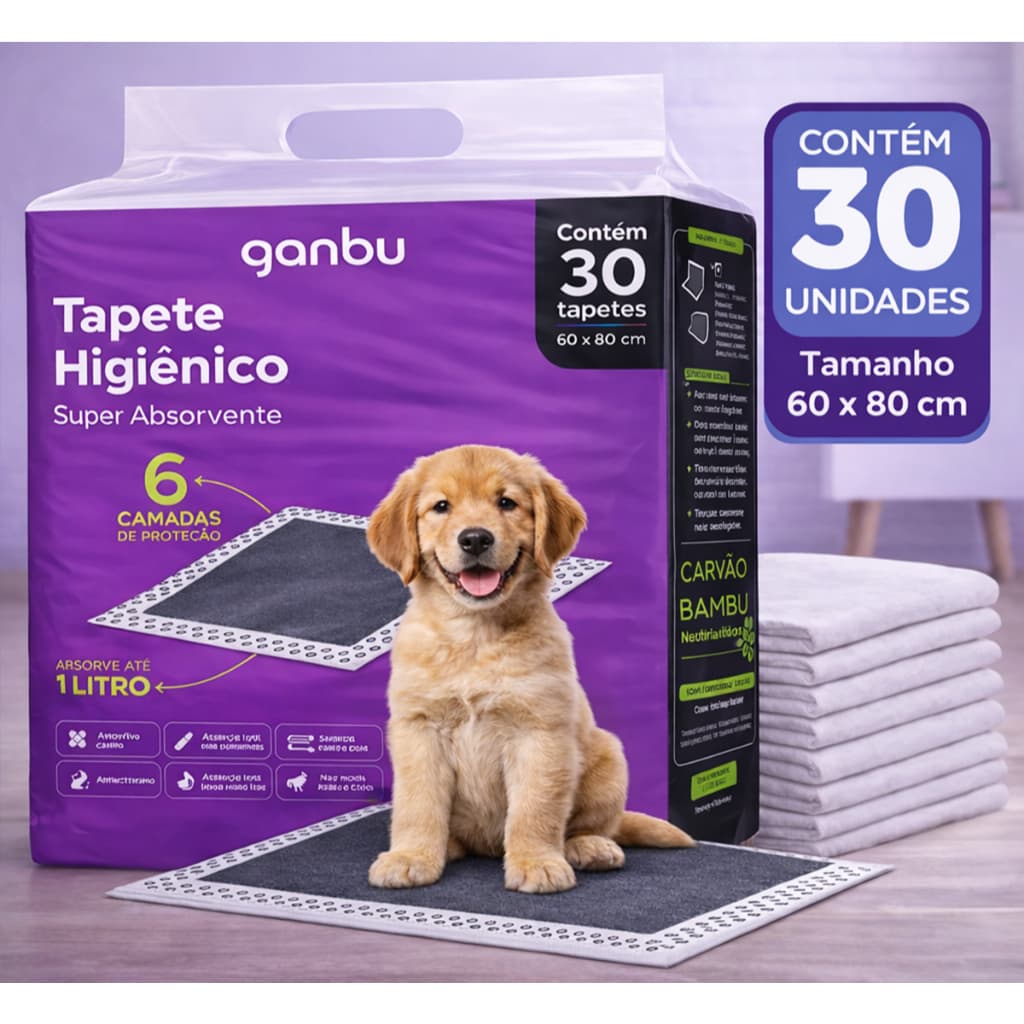 Tapete Higiênico Pet Carvão Ativado 30 Unidades Ganbu - Super Absorvente Cachorro Gato Treinamento