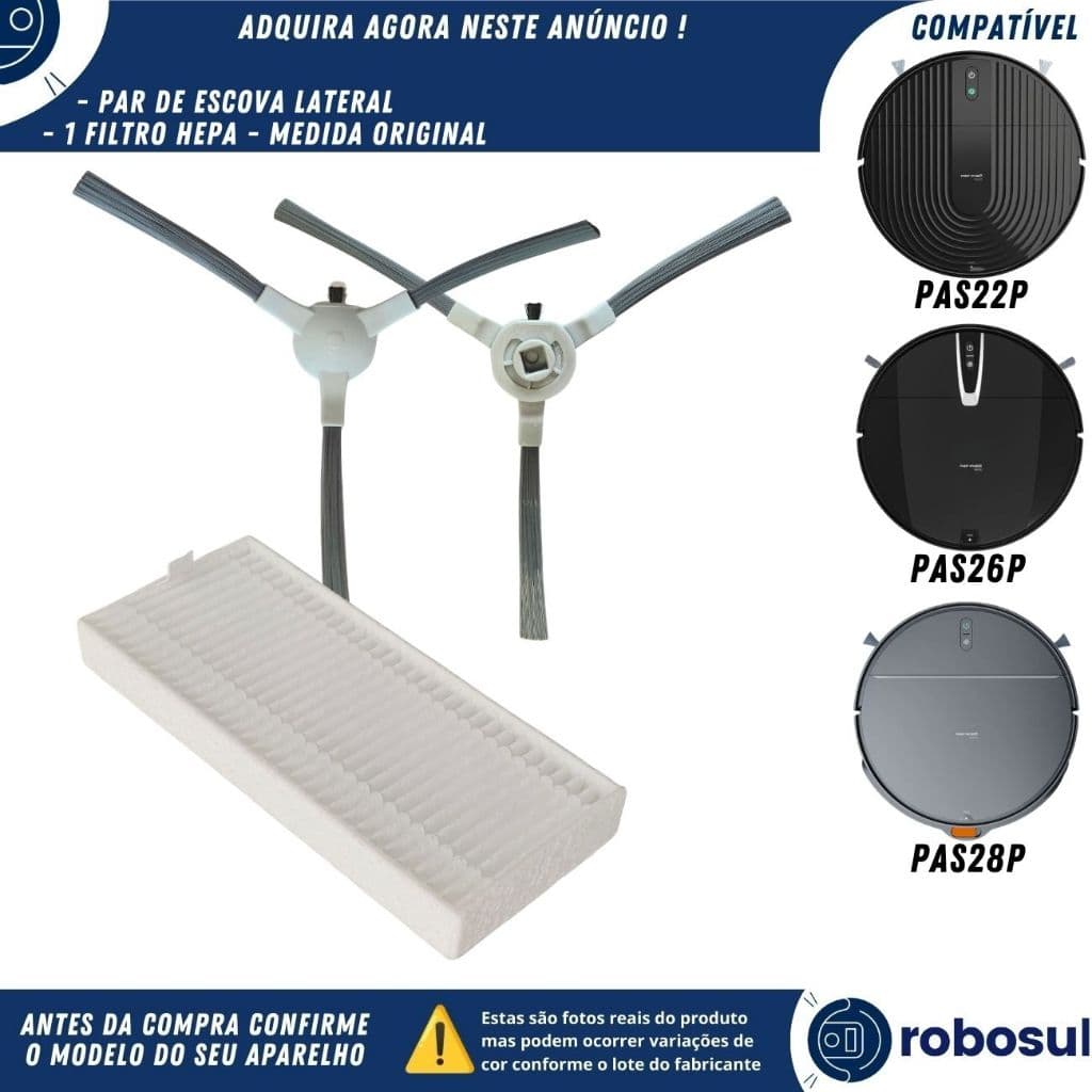 Par Escova Lateral e Filtro Hepa Para Robô Aspirador COMPATÍVEL-PHILCO PAS22 PAS26P PAS28P