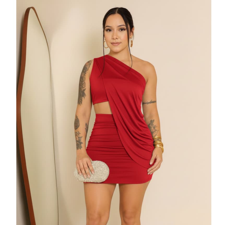 Conjunto Feminino com 3 Peças Tecido Suplex Ombro Mula Manca Tendência Moda Gringa Novidade