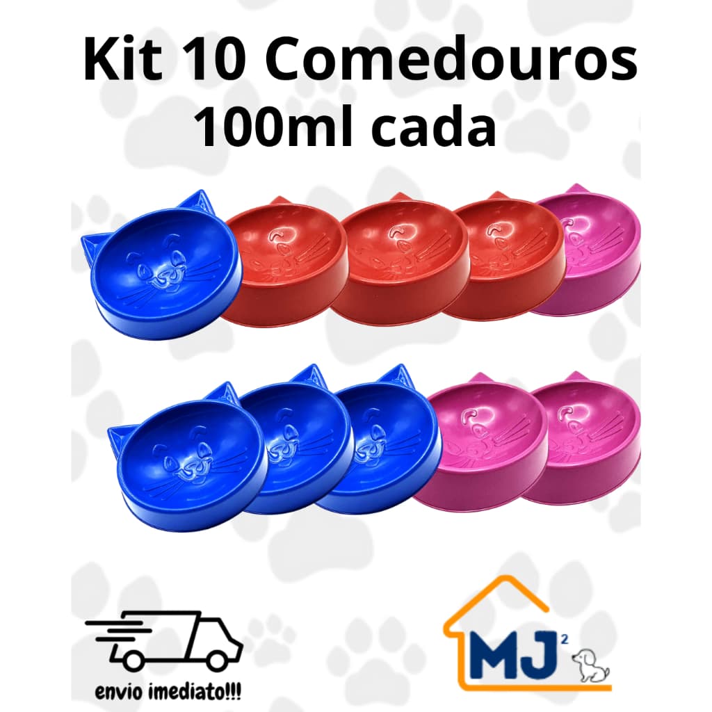 Kit 10 Comedouros Plástico Cara de Gato 100ml