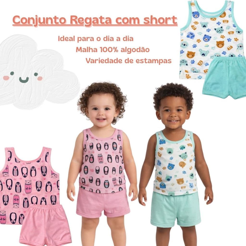 Conjunto de Camiseta Regata e Short na Malha 100% Algodão Infantil / Bebê para o Dia a Dia Confortável para o Calor