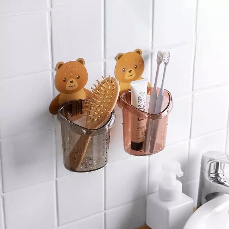 Suporte Para Escova De Dentes Bear : Rack De Armazenamento De Banheiro Sem Perfuração Copos De Enxágue E Itens Essenciai