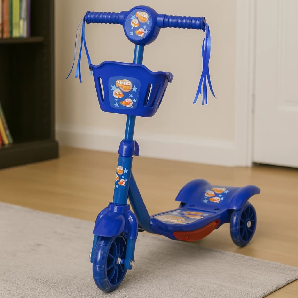 Patinete Infantil 3 Rodas com LED, Música, Cestinha – Regulável | Brinquedo Criança - Azul