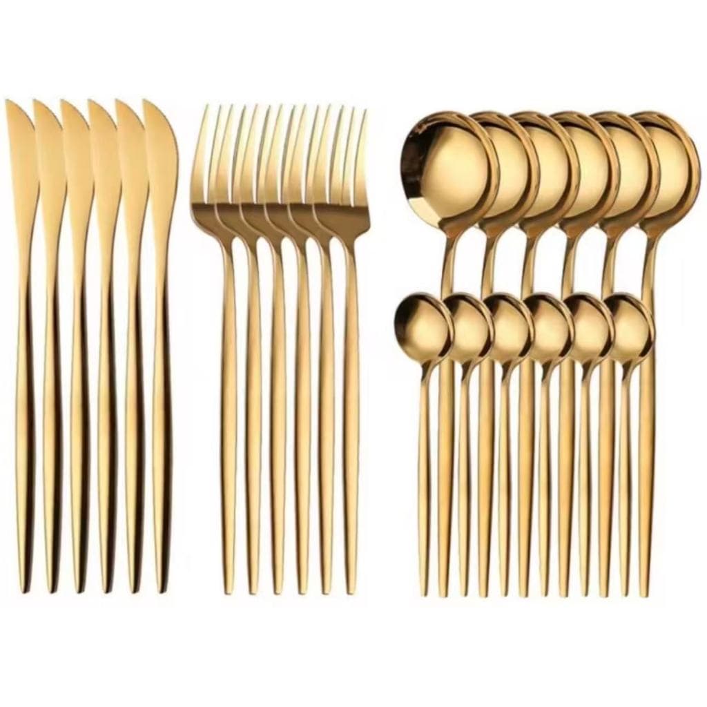 24 Peças Talheres Dourado de Aço Inox Garfo Colher Faca Colher De Mesa JD