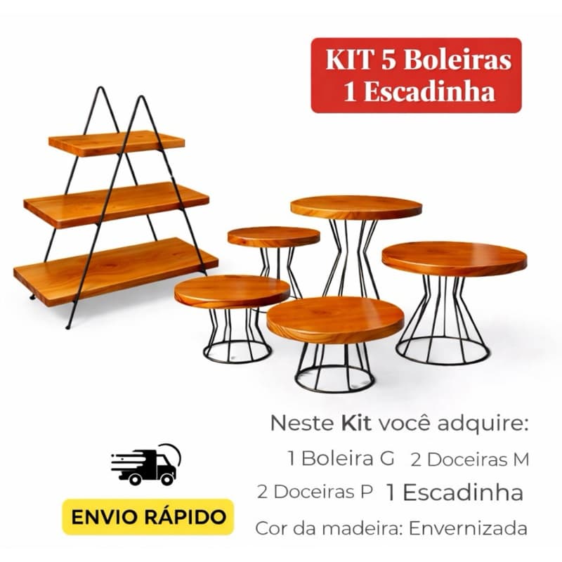 Kit Boleiras com Escadinha Preta – Tampos de Madeira Envernizada