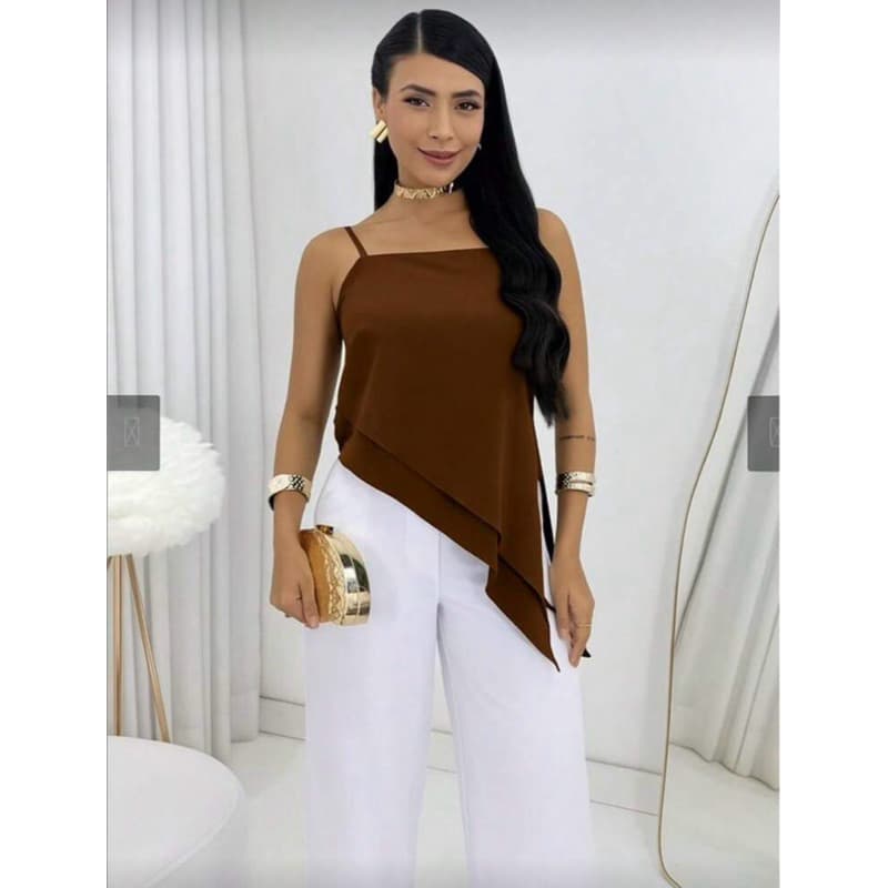 Blusa Feminina Assimétrica de Alcinha com Barra Sobreposta – Elegante e Moderna Feminina Sofisticada Moderna Tendência