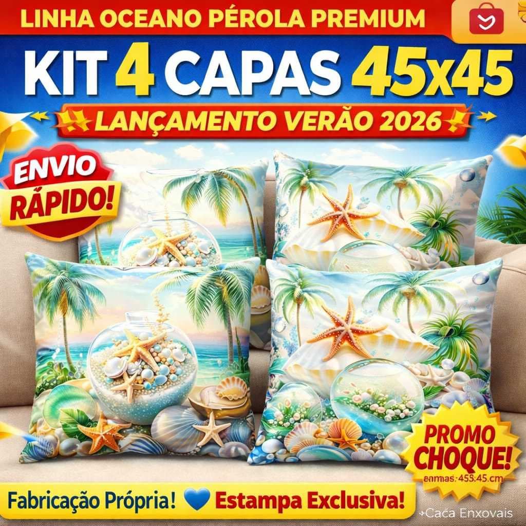 Kit 4 Capas de Almofadas Fundo do Mar | Praia Conchas Decorativas-Praia e Elementos Marinhos.