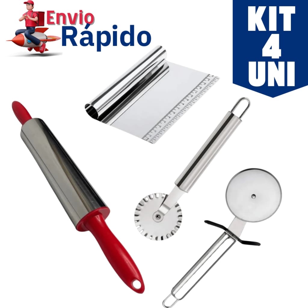 Kit 4 Peças Rolo Espátula E Cortadores De Massa Em Inox
