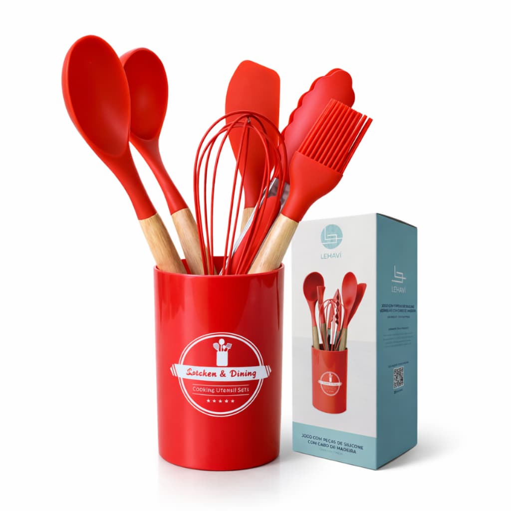 Kit Utensilios De Cozinha Jogo 7 Pecas Cabo Madeira Silicone Vermelho