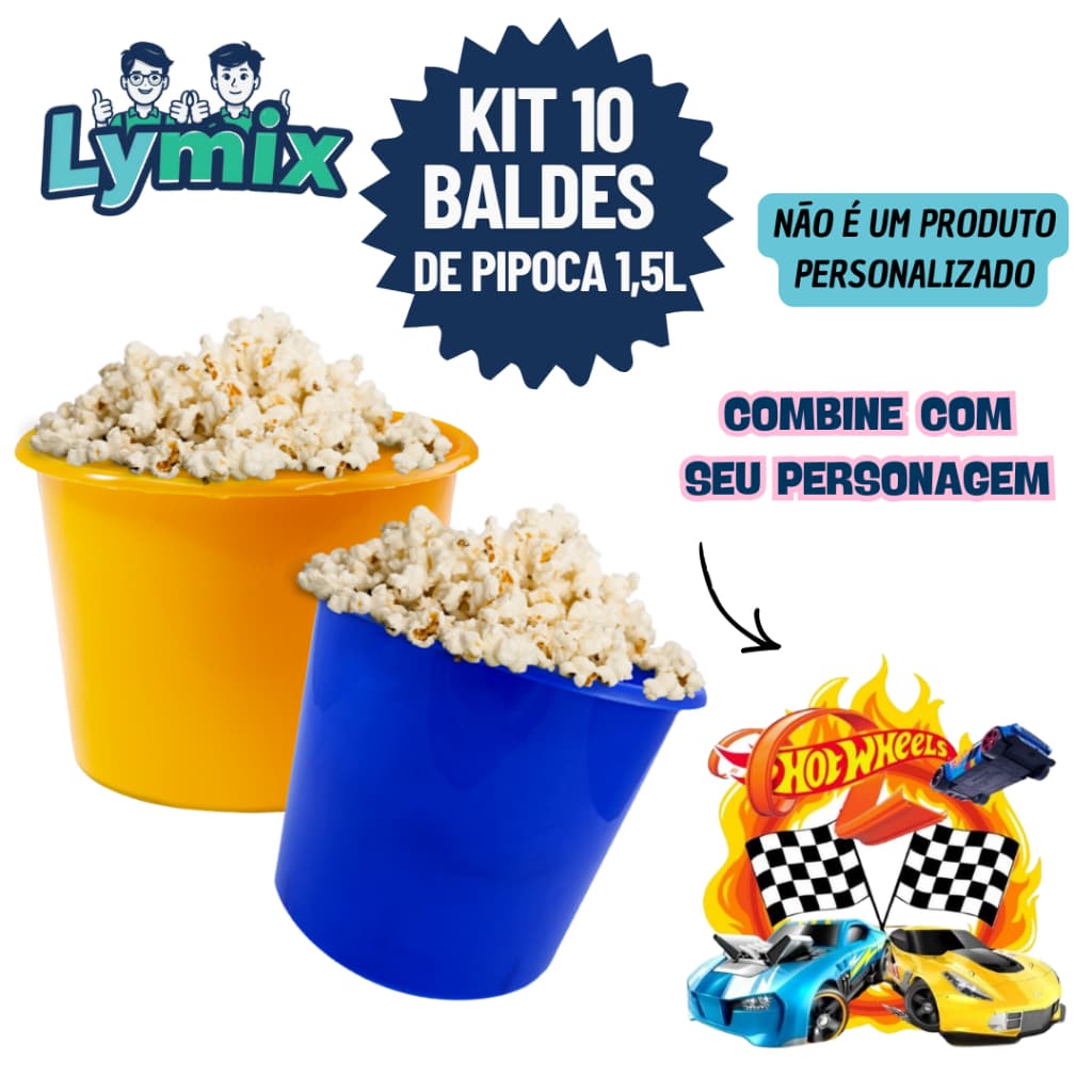 KIT 10 BALDES DE PIPOCA 1,5L PP PARA PERSONALIZAR E ADESIVAR FESTA/HOT WHEELS VARIOS TEMAS