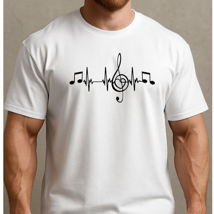 Camiseta Camisa T-shirt Masculina 100%Algodão Estilosa e Retro Estampa de Notas Musicais Delicada