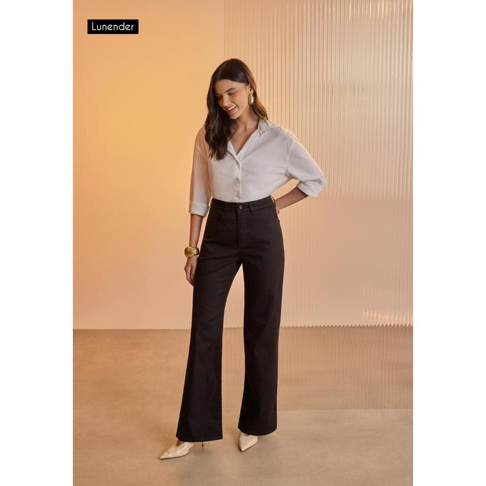 Calça Wide Leg com Elastano Lunender Cintura Alta Sarja Feminina Preto Não Desbota