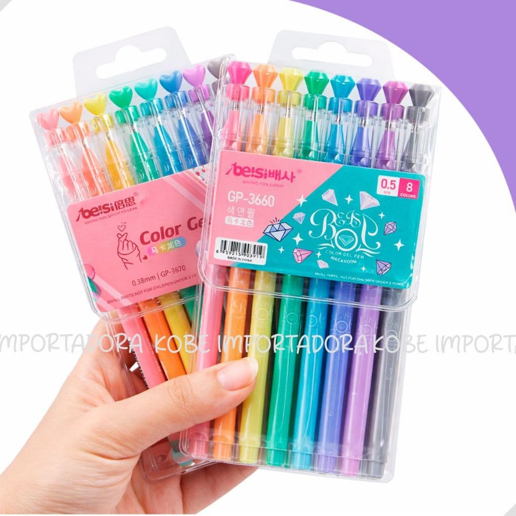 8 Canetas Gel Pastel Ponta Fina Kawaii Tampa Decorada Coração ou Diamante com Grip Escolar