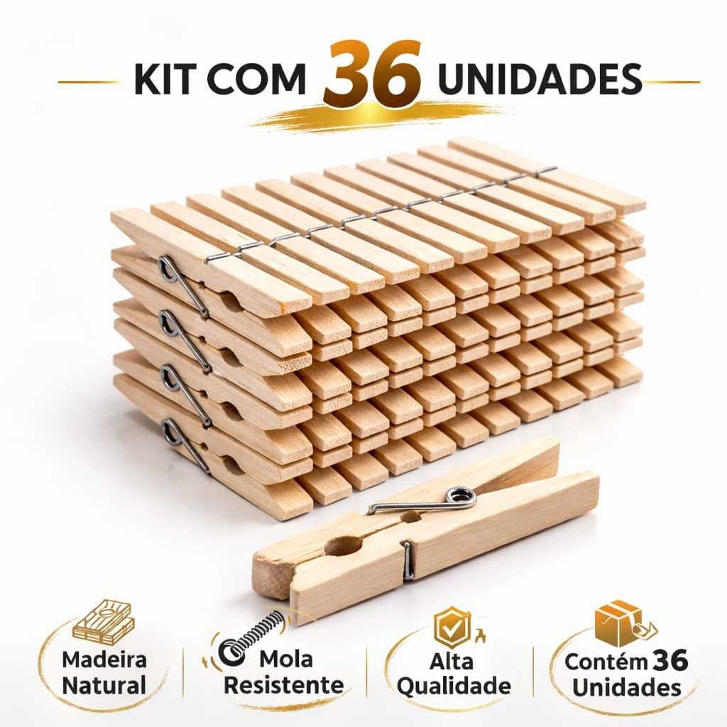 Prendedor de Roupa de Madeira Reforçados Kit com 36 Antideslizantes para Varal