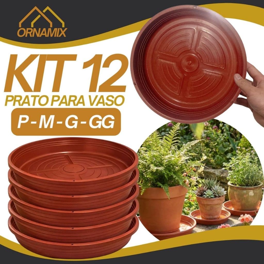 Kit 12 Prato Plástico Redondo P/ Vaso De Planta Cor Cerâmica Barato Com Furos P/ Vaso Suspenso - Pequeno Médio Grande