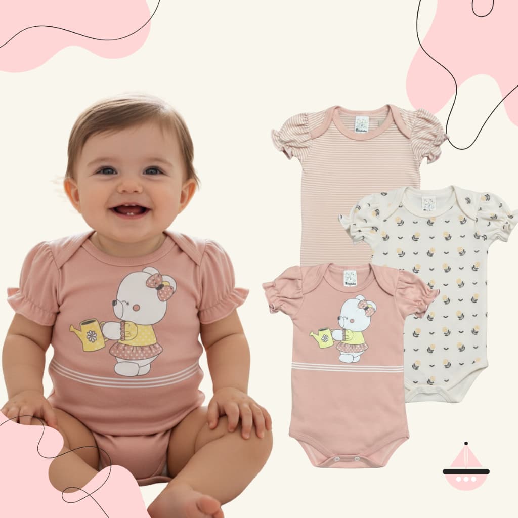 Kit 3 Body Bebê Menina Estampado Manga Curta Algodão Gola Americana Confortável Moda Enxoval RN - EG