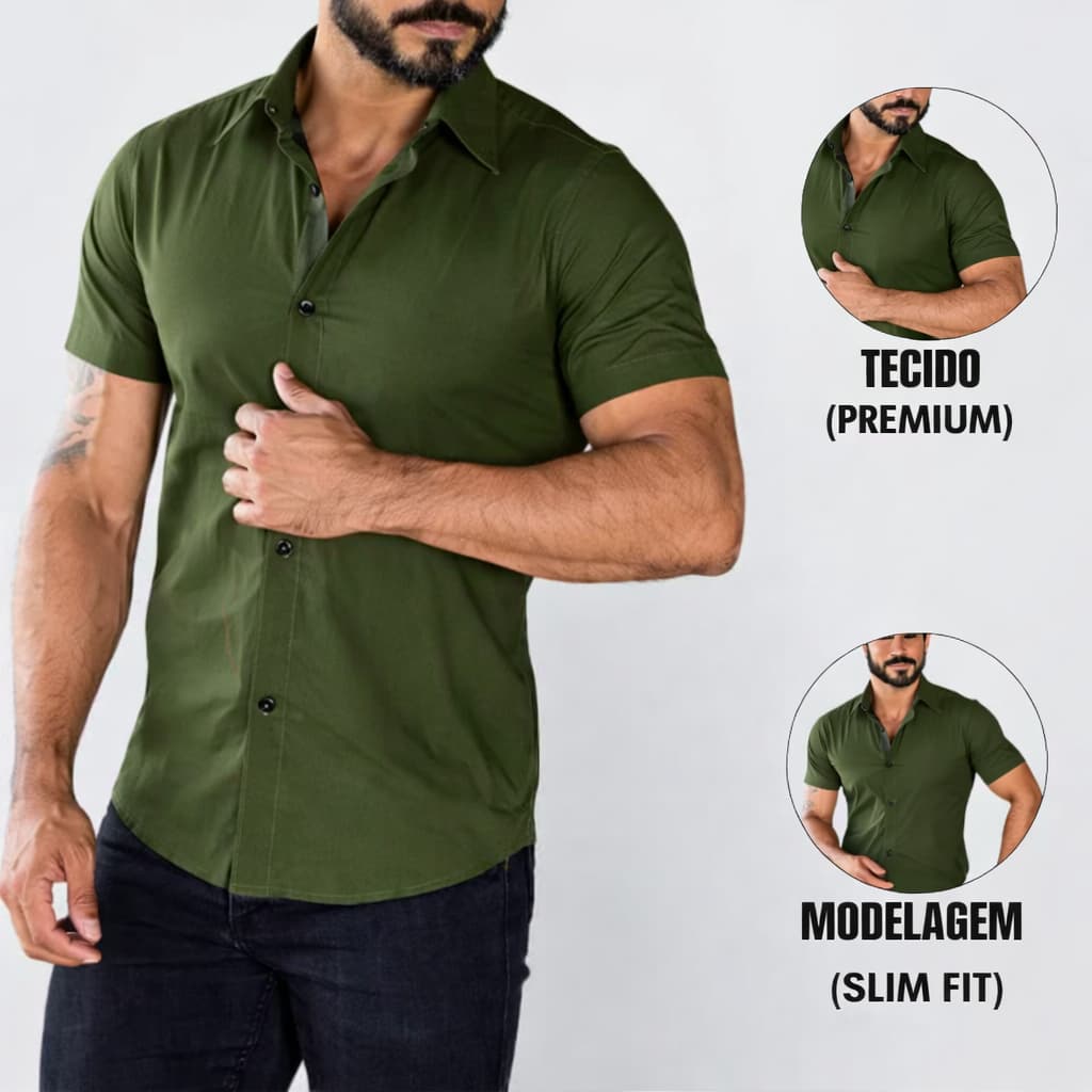 Camisa Social Masculino Manga Curta De Botão Lisa Masculina Botões SlimFit Casual Azul Preta Branca