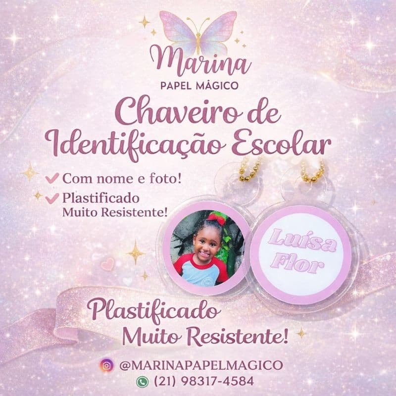 Chaveiro de Identificação Escolar Personalizado com Foto e Nome 4,5cm | Kit 2, 4 ou 6 Unidades | Plastificado Resistente