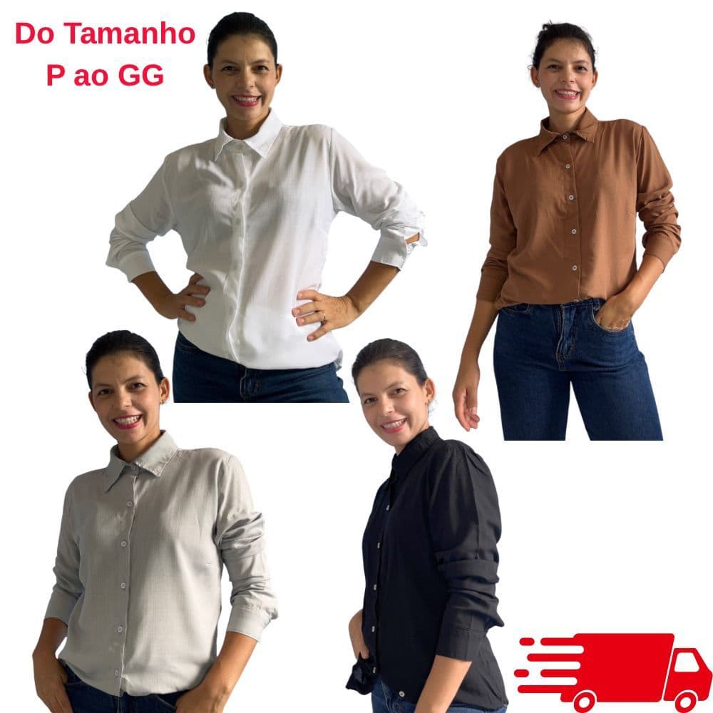Camisa Social Feminina Viscolinho Manga Longa Gola Colarinho Elegante Para Trabalho