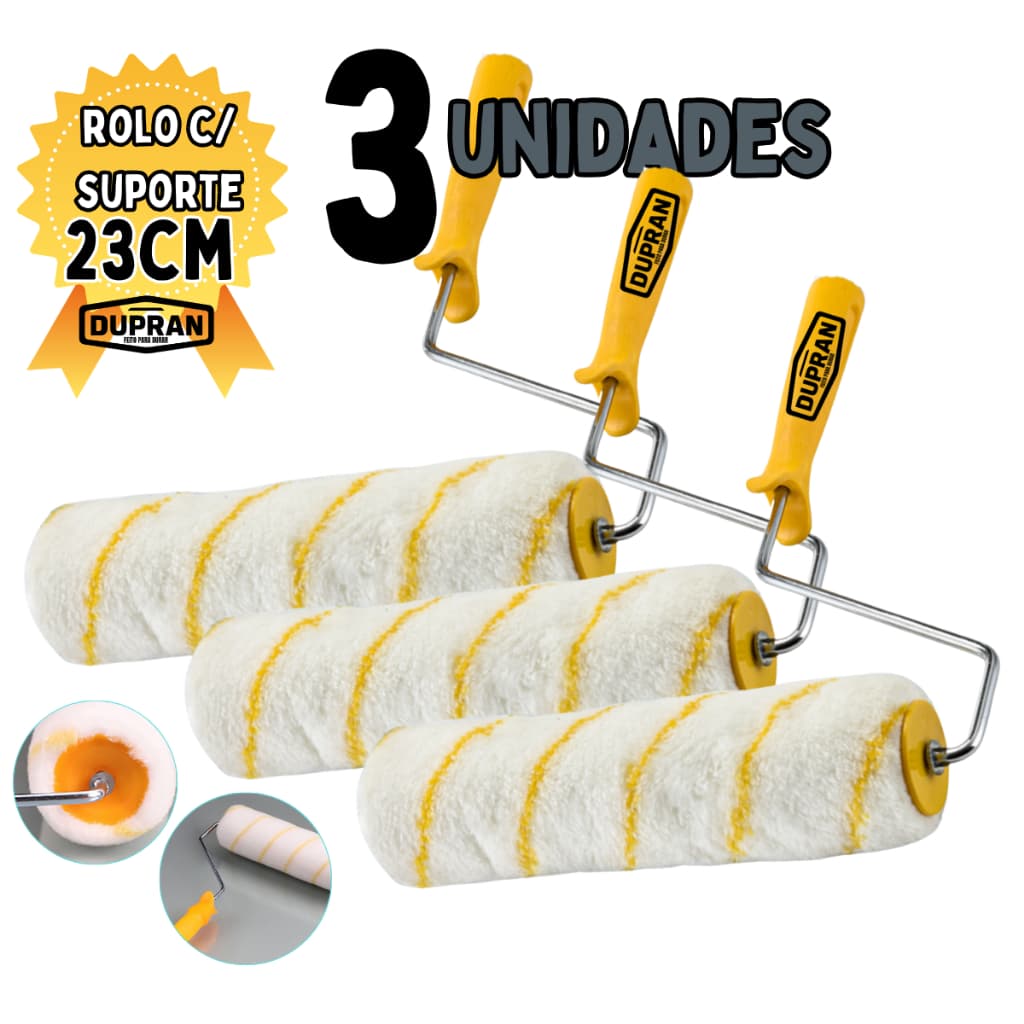 Kit 3 Rolo C/Suporte Para Pintura Profissional 23cm 9'' EM FIBRA - DUPRAN
