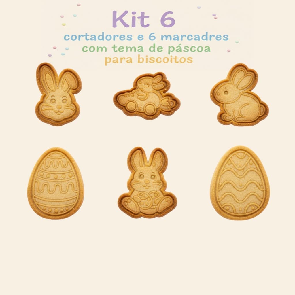 Kit 6 Cortador Biscoito Páscoa com Marcador – Coelho Ovo Infantil Pasta Americana Biscuit Massinha