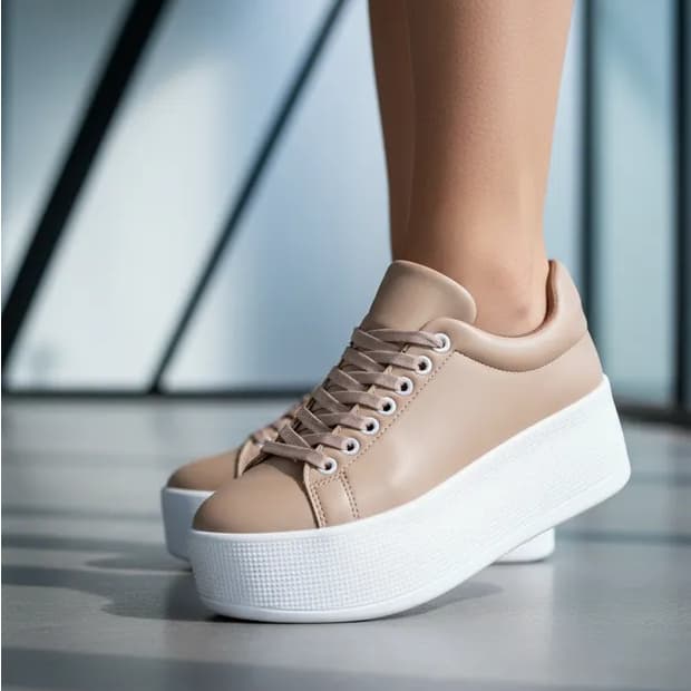 Tenis Feminino Plataforma Nude Moderno Tendência Branco Sola Alta Fashion Blogueira