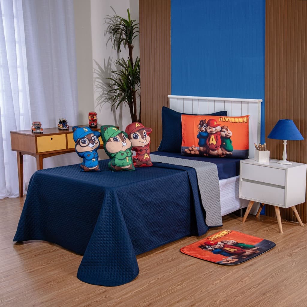 Kit Cobre Leito Infantil Alvin e os Esquilos 8 Peças com Tapete e Almofadas Personagens