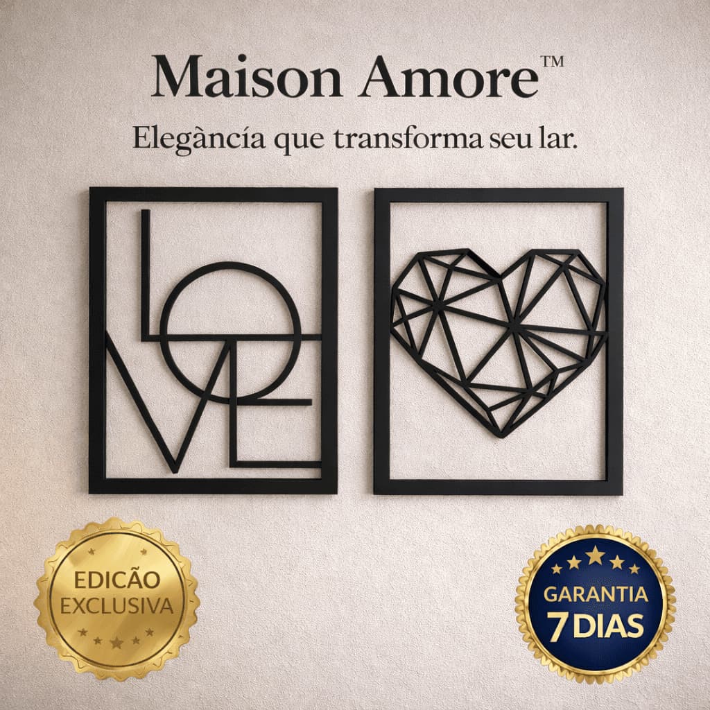Quadro Love e Coração Geométrico – Decoração Moderna para Sala e Quarto 23x19cm | Maison Amore™