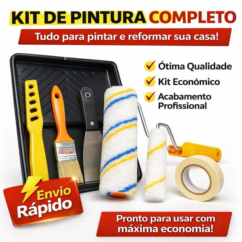 Kit Pintura 6 peças Completo com Rolo e Bandeja Profissional + Pincel Espátula e Fita Crepe