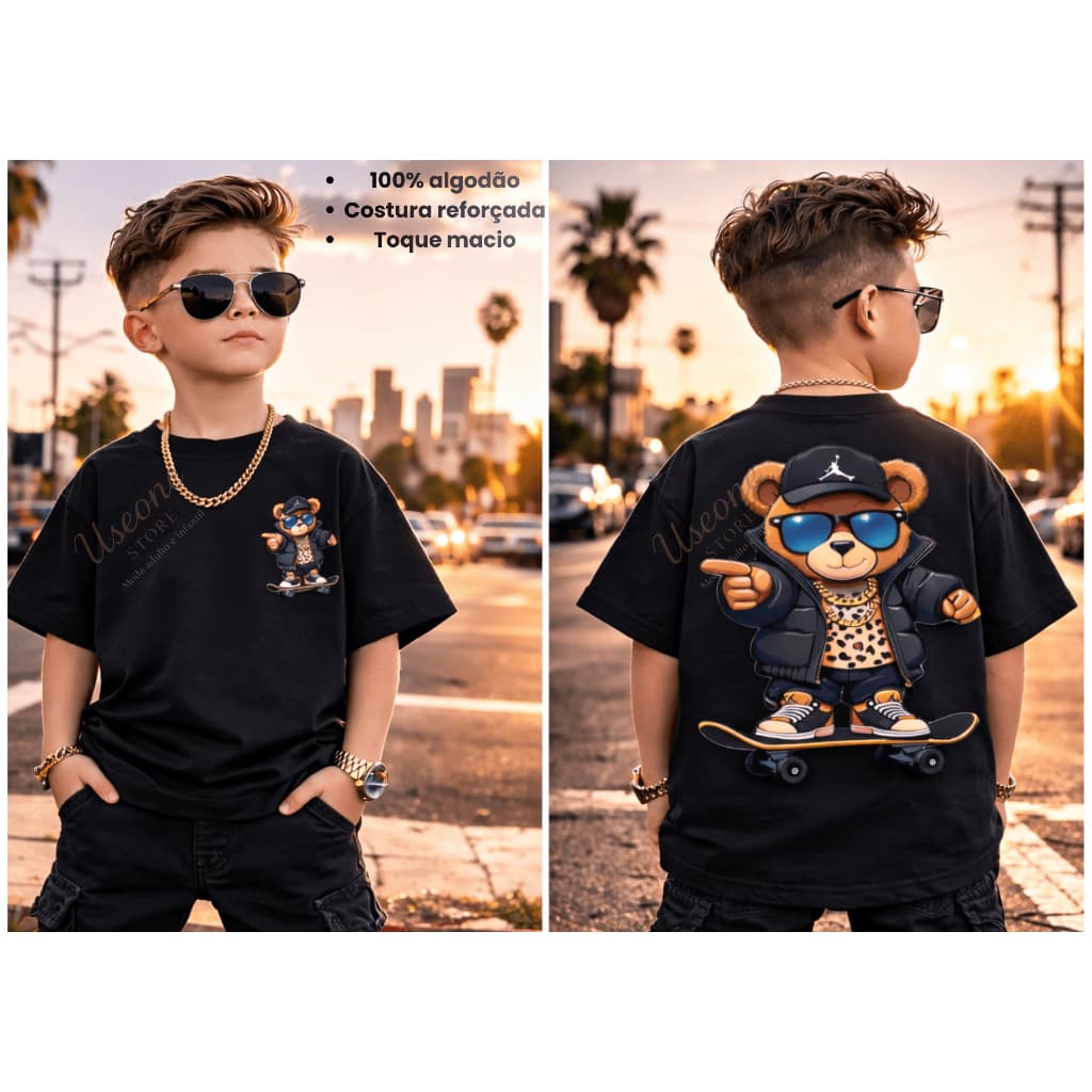 Camiseta infantil casual 100%algodão,blusa juvenil Urso skate FC,básica dia dia premium