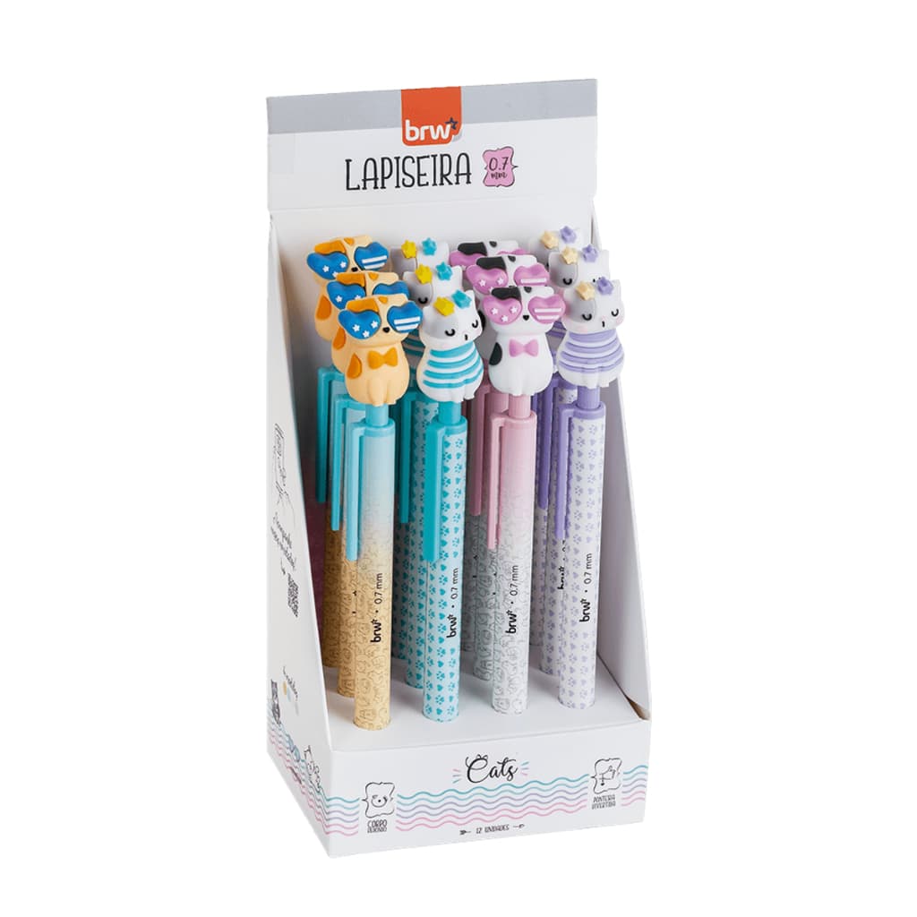 Lapiseira Plástica Cat 0.7mm Divertida Fofa + Grafite 12 unidades